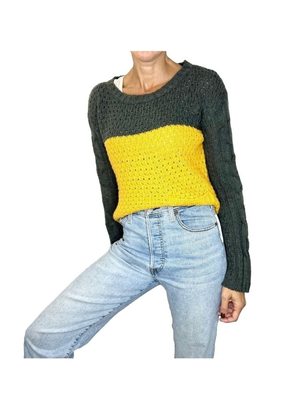 Love Change grey yellow colour block sweater L